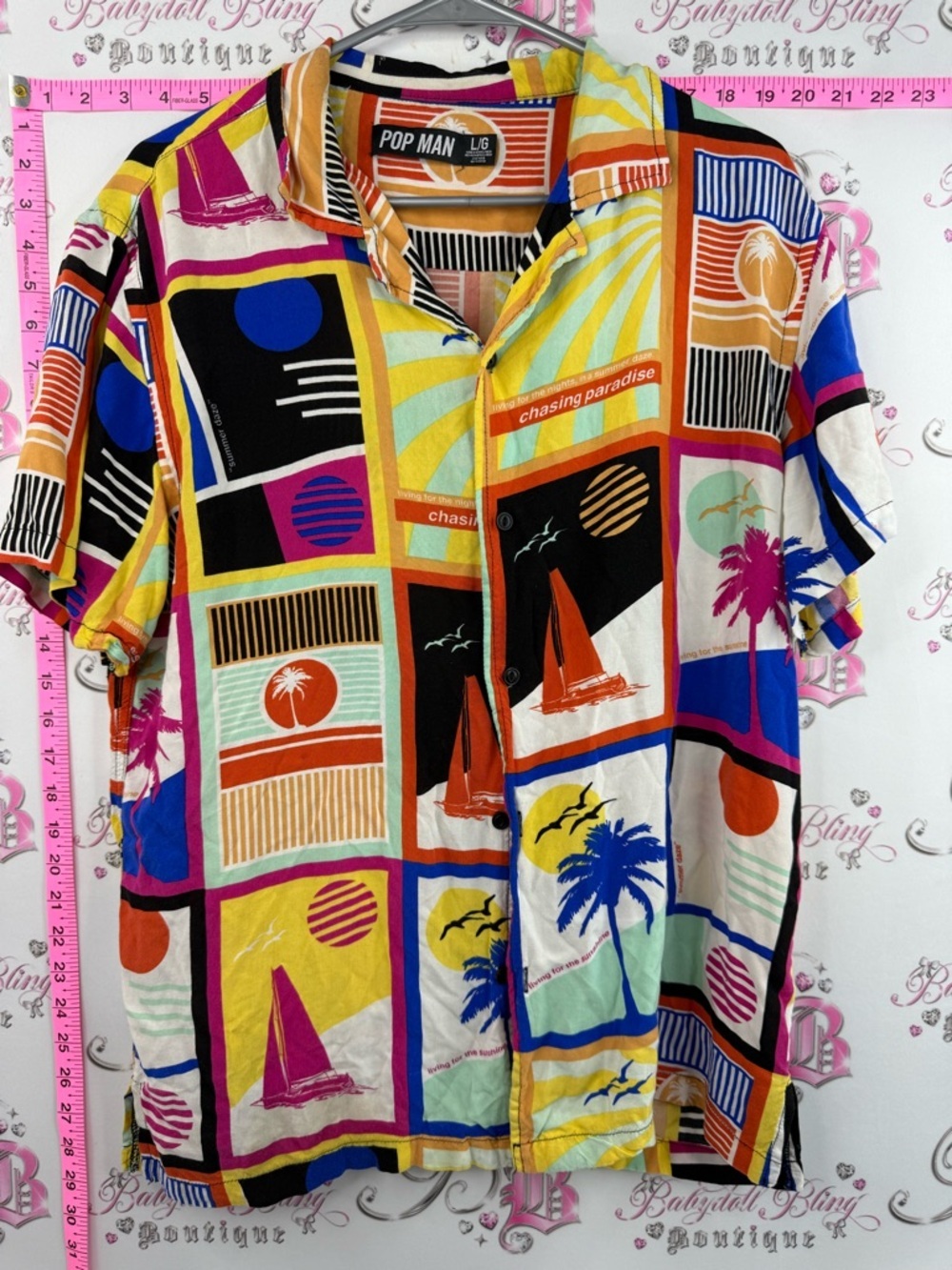 Pop man top Men’s Short-Sleeve Graphic Button-Down Shirt Multicolor Patch Print